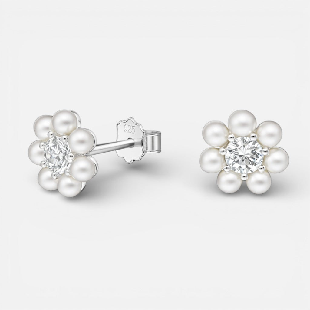 Aros flor plata 925 perlas más circón 8mm