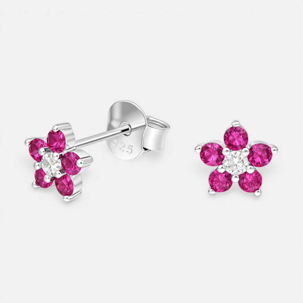 Aros plata 925 flor piedra rubí 6mm