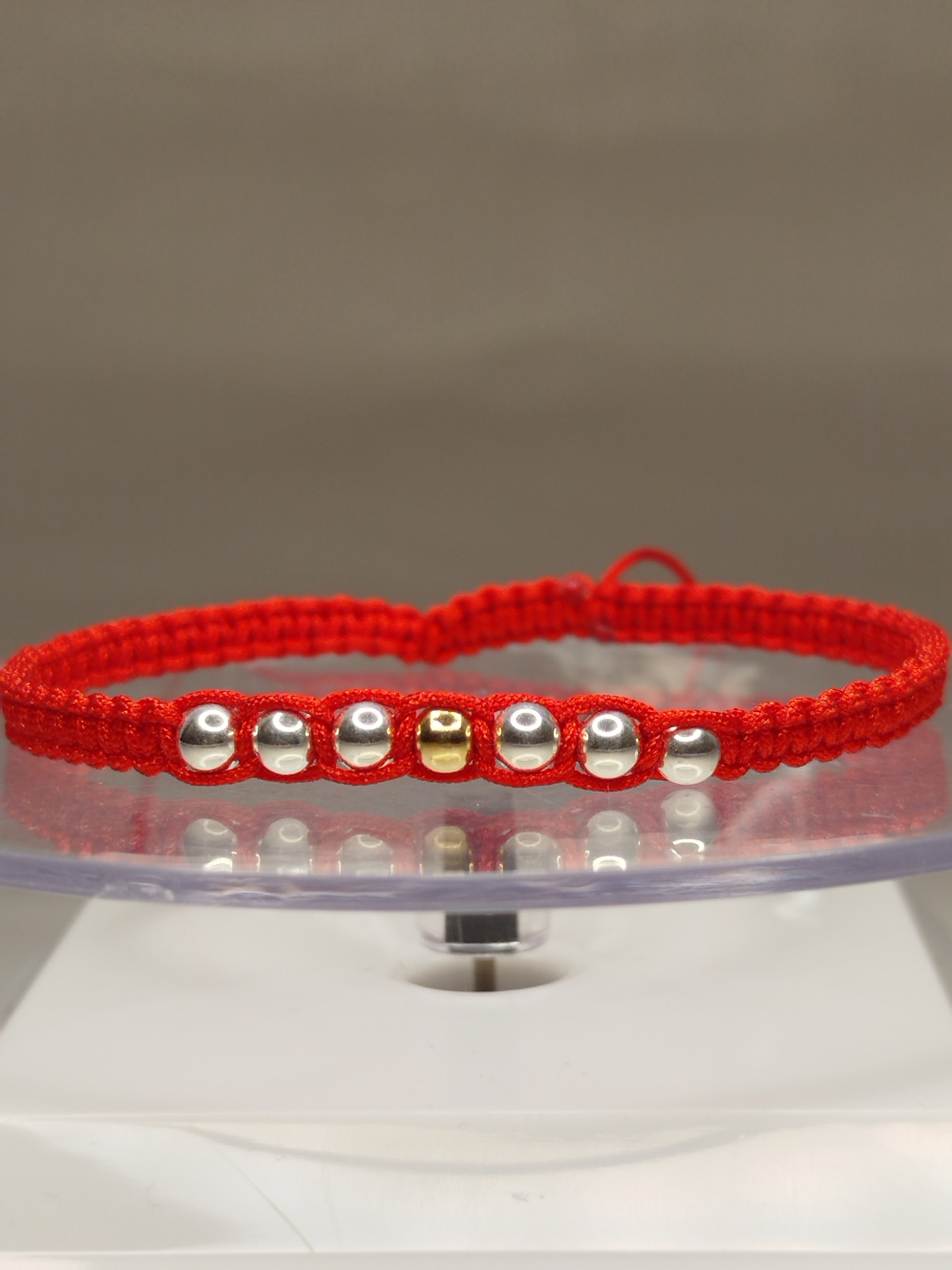 Pulsera hilo rojo oro 18k y plata 950 1 y 8 bolitas mujer ajustable
