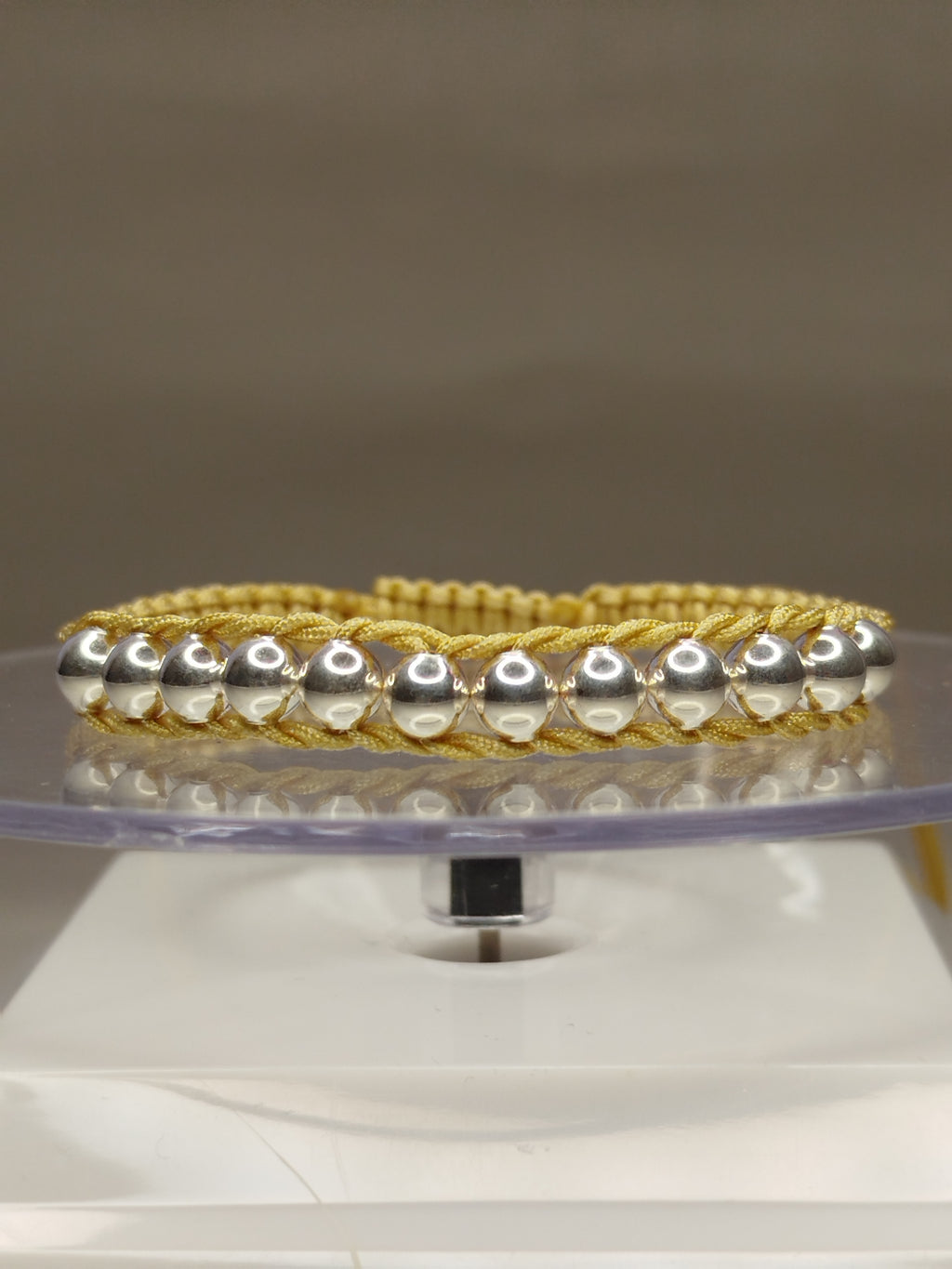 Pulsera hilo beige con 14 balines de plata 950 ajustable hombre